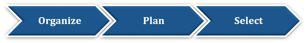 Chevrons showing the stages of EHR selection: Organize, plan and select