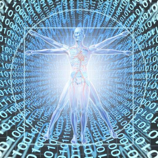 Human body with binary numbers, indicating data, floating around it.